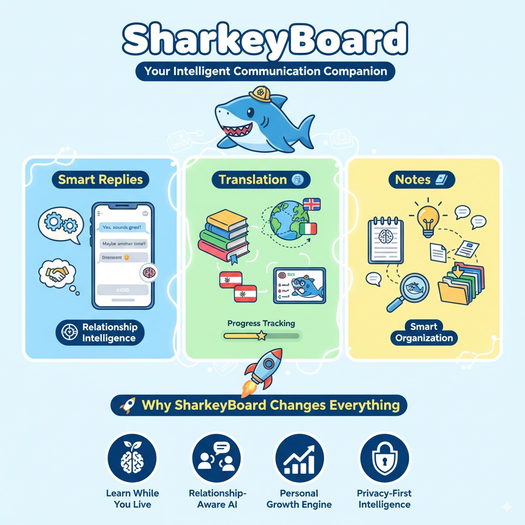 SharkeyBoard Features Overview - AI keyboard Android app interface showing smart translation and reply features